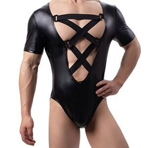 2XX Mens Faux Leather Shapewear Crisscross Bodysuit Clubwear Leotard NWOT